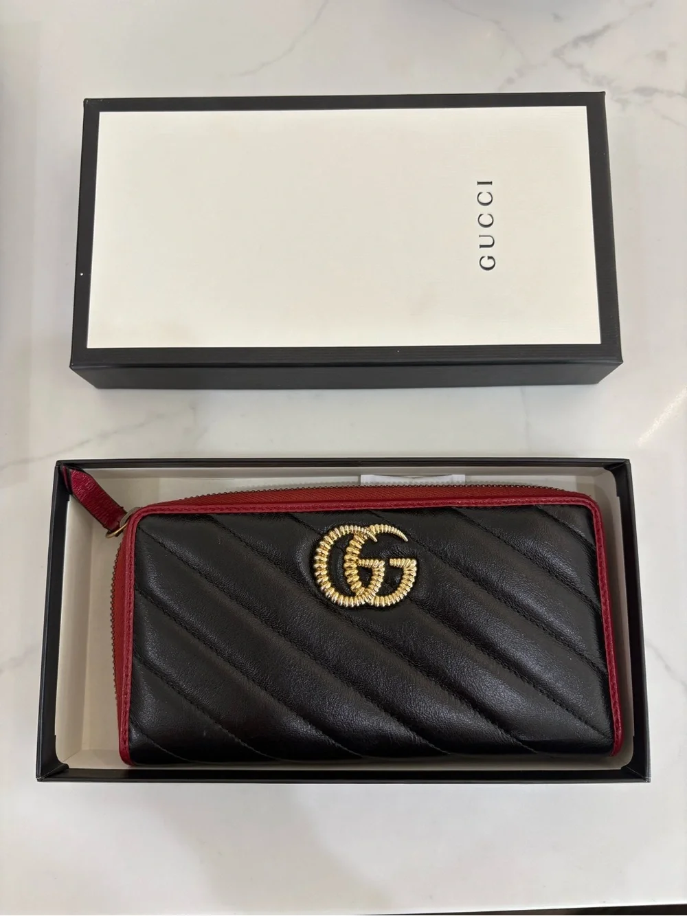 Gucci Black Quilted Leather Zip Wallet with Red Trim and Gold GG